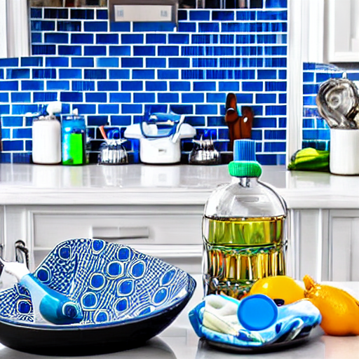 014_An eye level counter-view shows blue tile, a faucet, dish scrubbers, bowls, a squirt bottle and similar kitchen items..png
